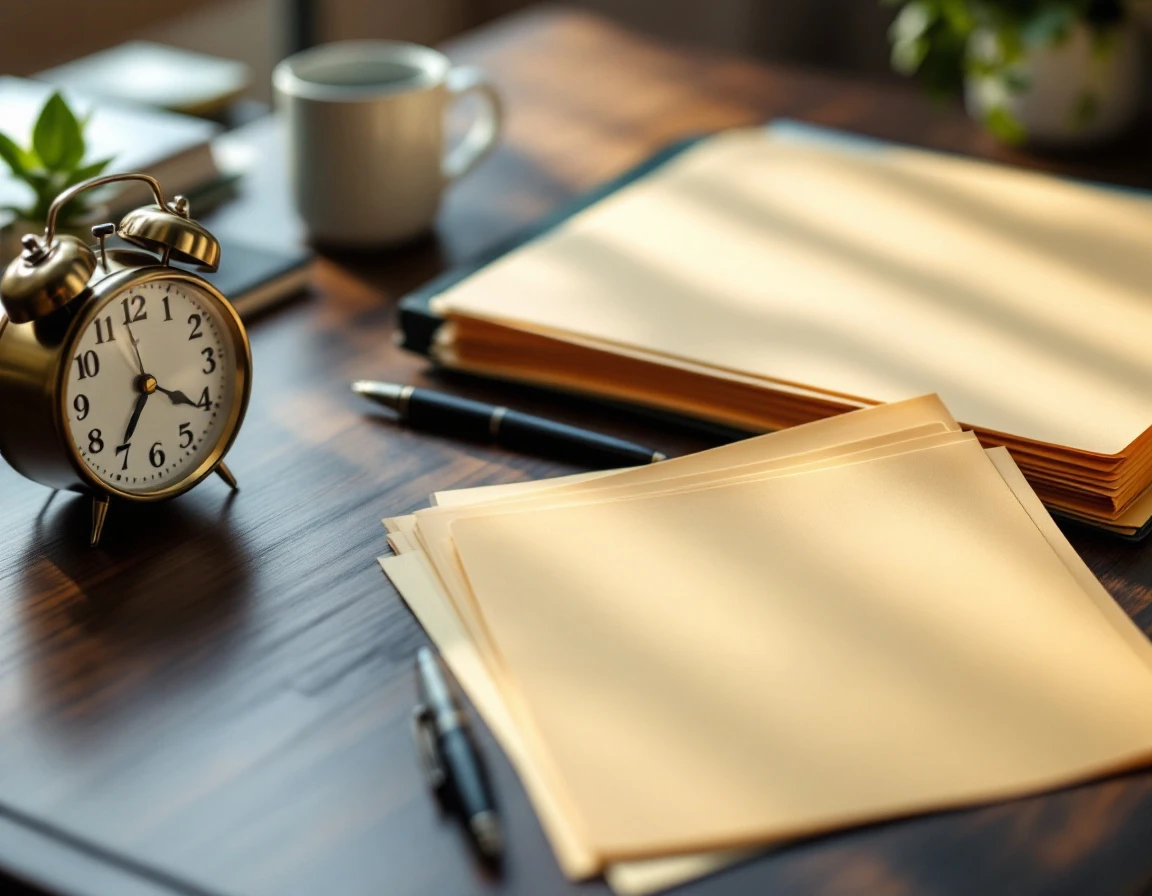 Organized file folders and desk clock on office workspace representing document retention systems