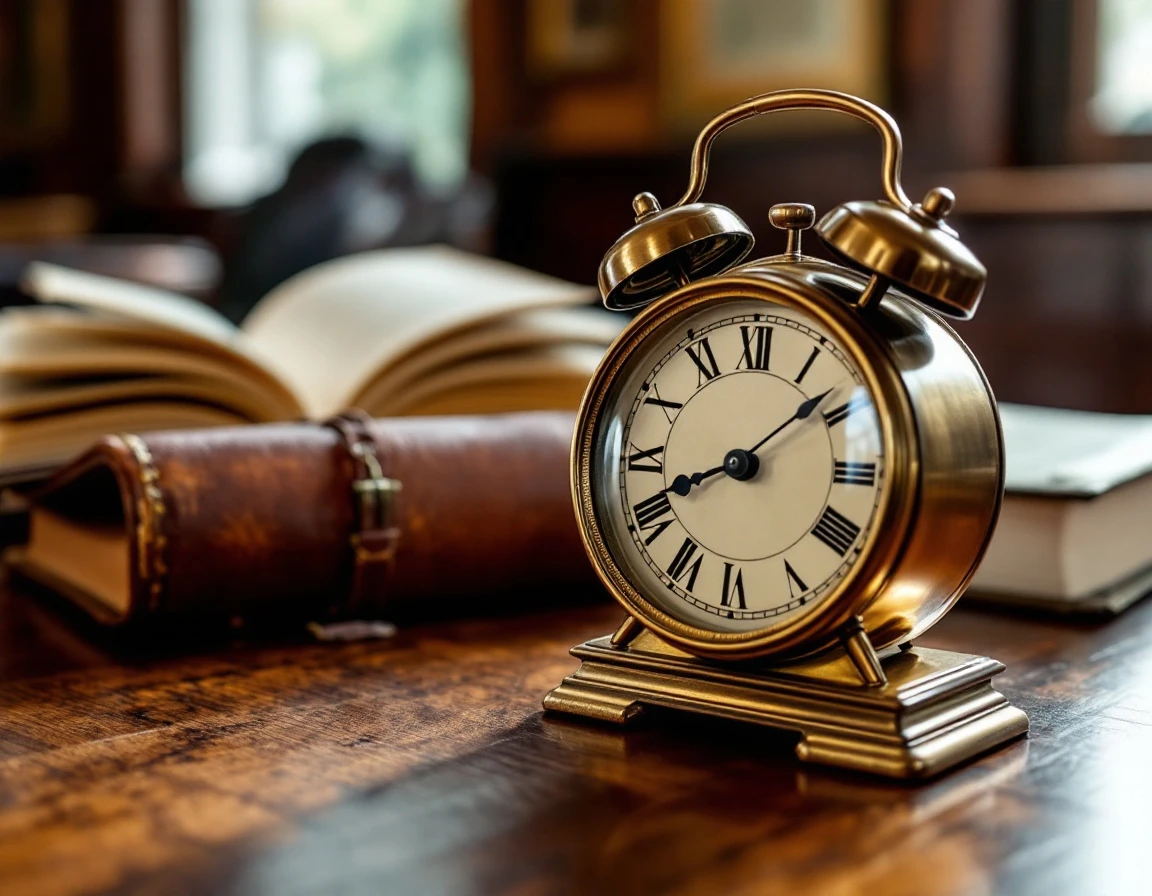 Brass desk clock and leather ledger on wooden desk representing tax record retention timelines