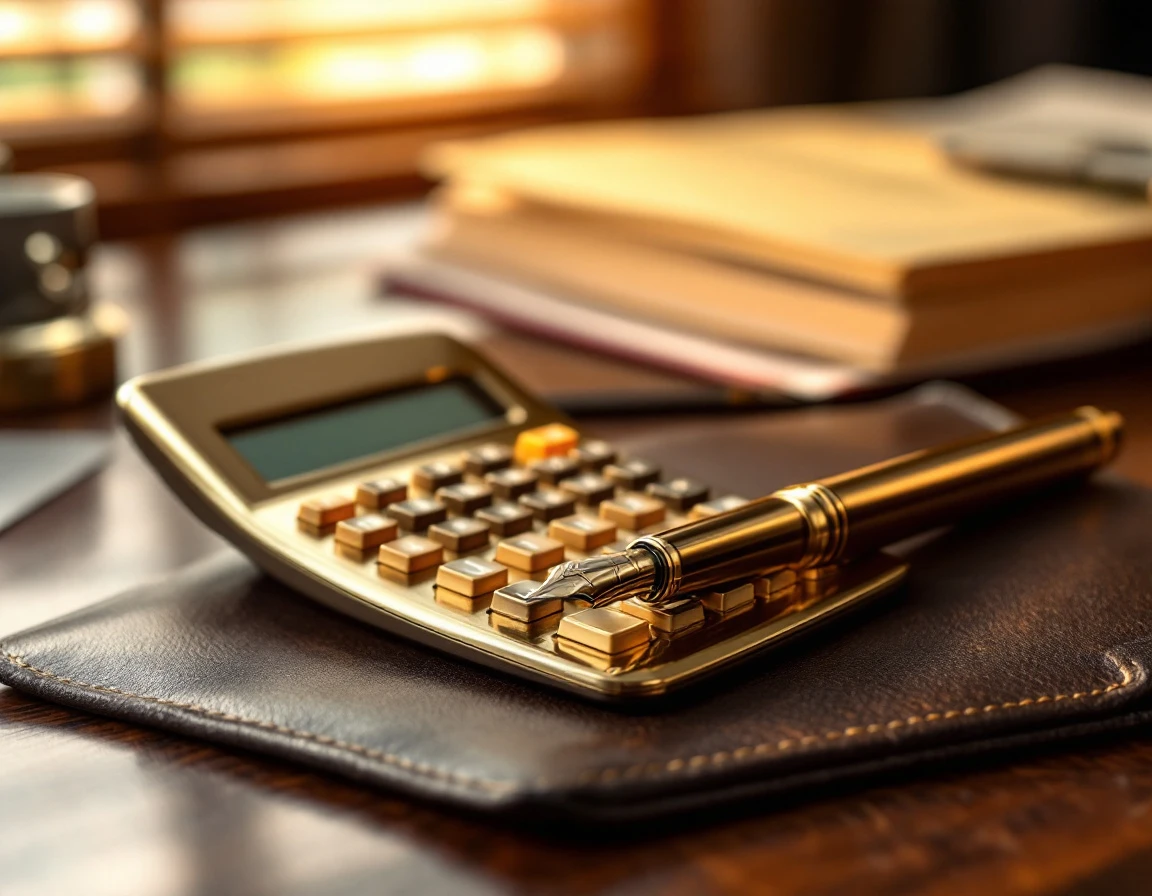 Golden calculator and fountain pen on office desk with blurred compliance folders in background