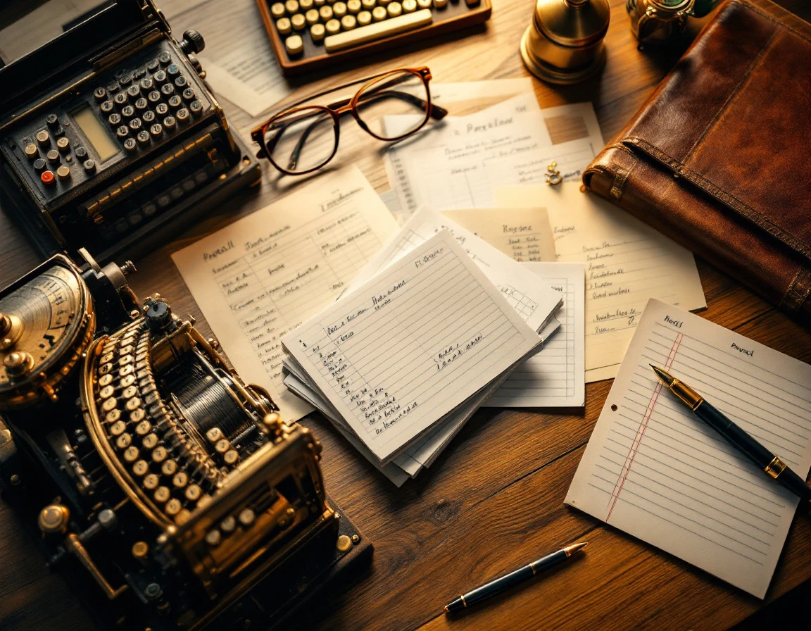 Vintage time clock and timesheet papers on business owner's desk illustrating wage-hour compliance tracking