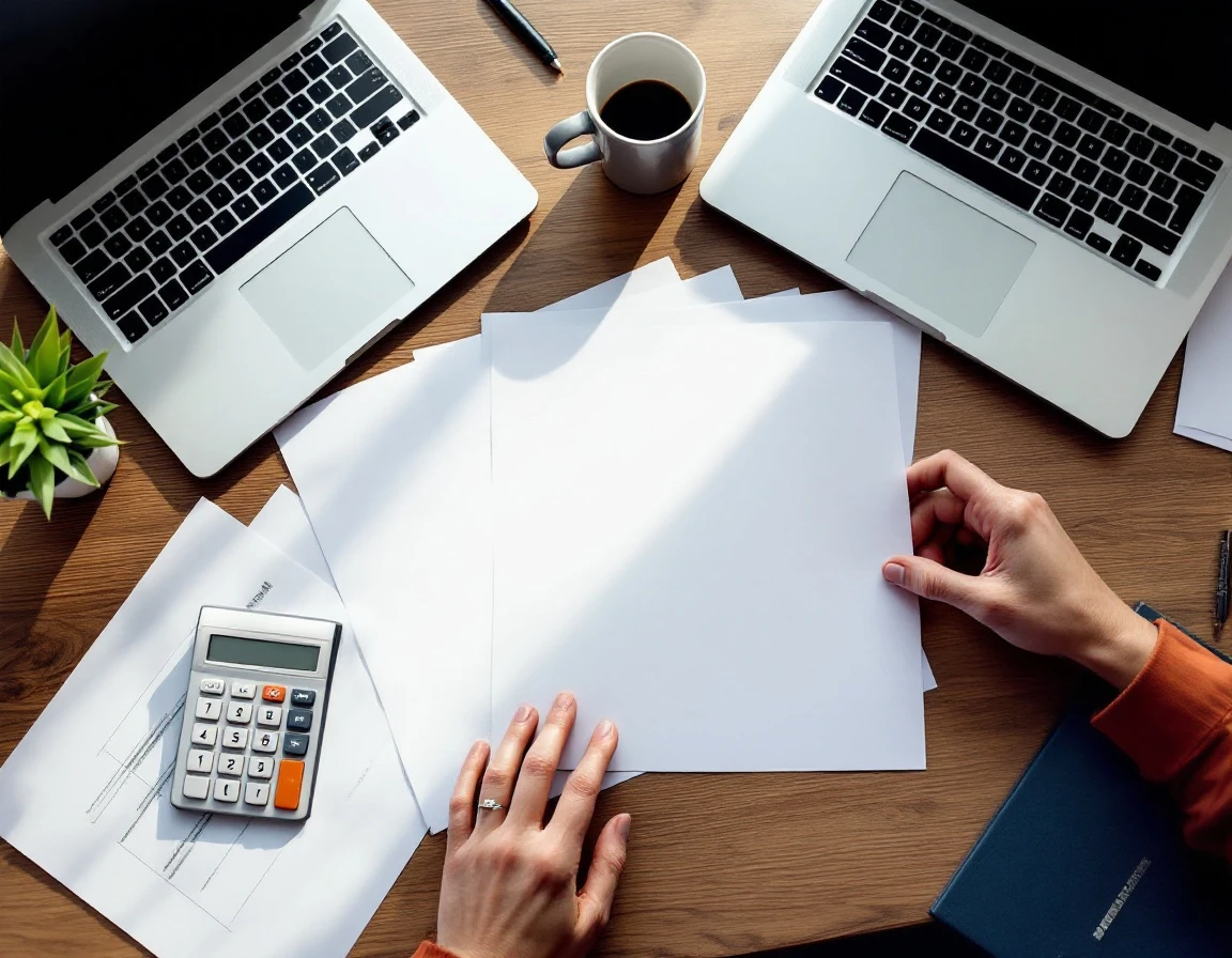 Hands reviewing blank payroll documents and calculator on office desk with natural lighting