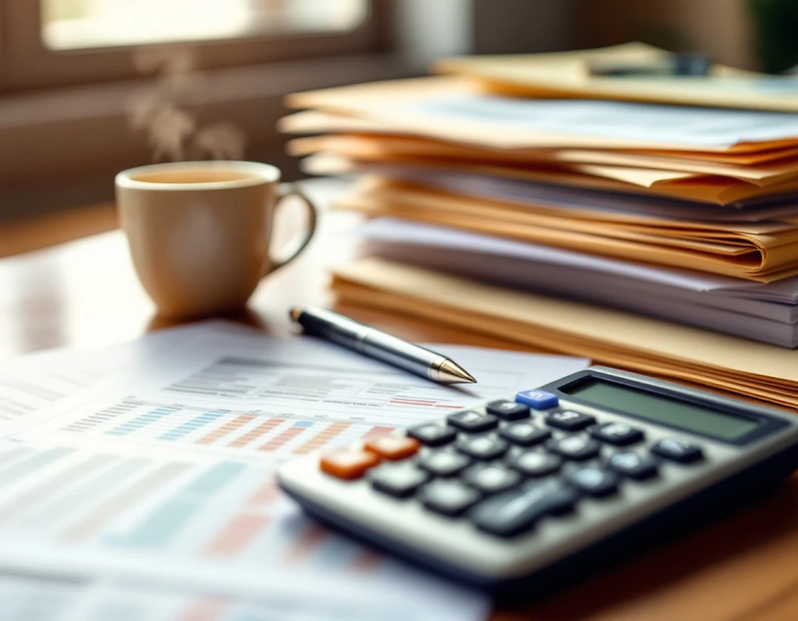 Payroll calculator and compliance documents on office desk with shallow depth of field blurring text