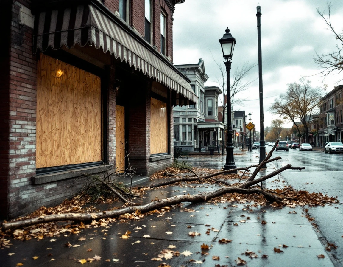 Closed storefront with boarded windows on an empty downtown street after autumn storm damage