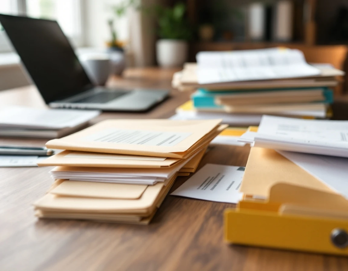 Organized tax documents and receipts sorted in folders on a home office desk with natural lighting