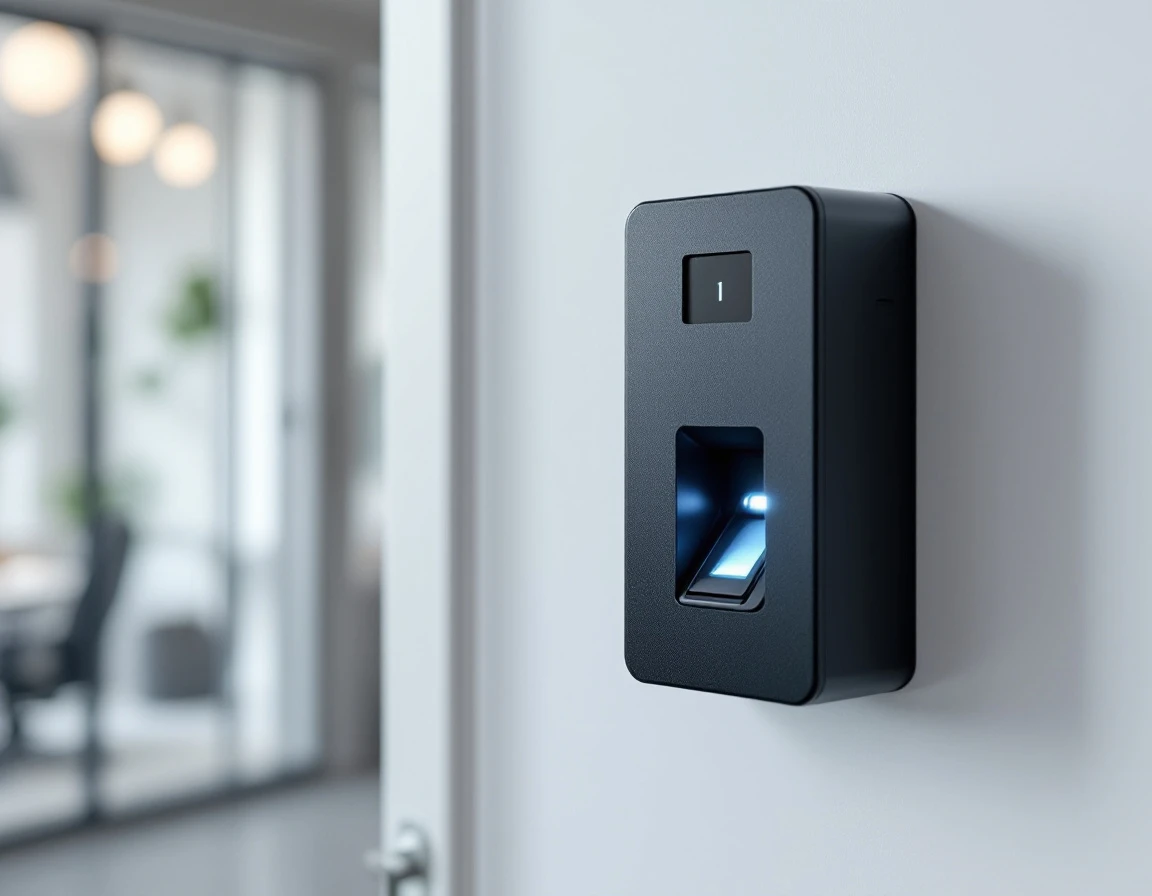 Wall-mounted biometric time clock with fingerprint scanner in modern office setting