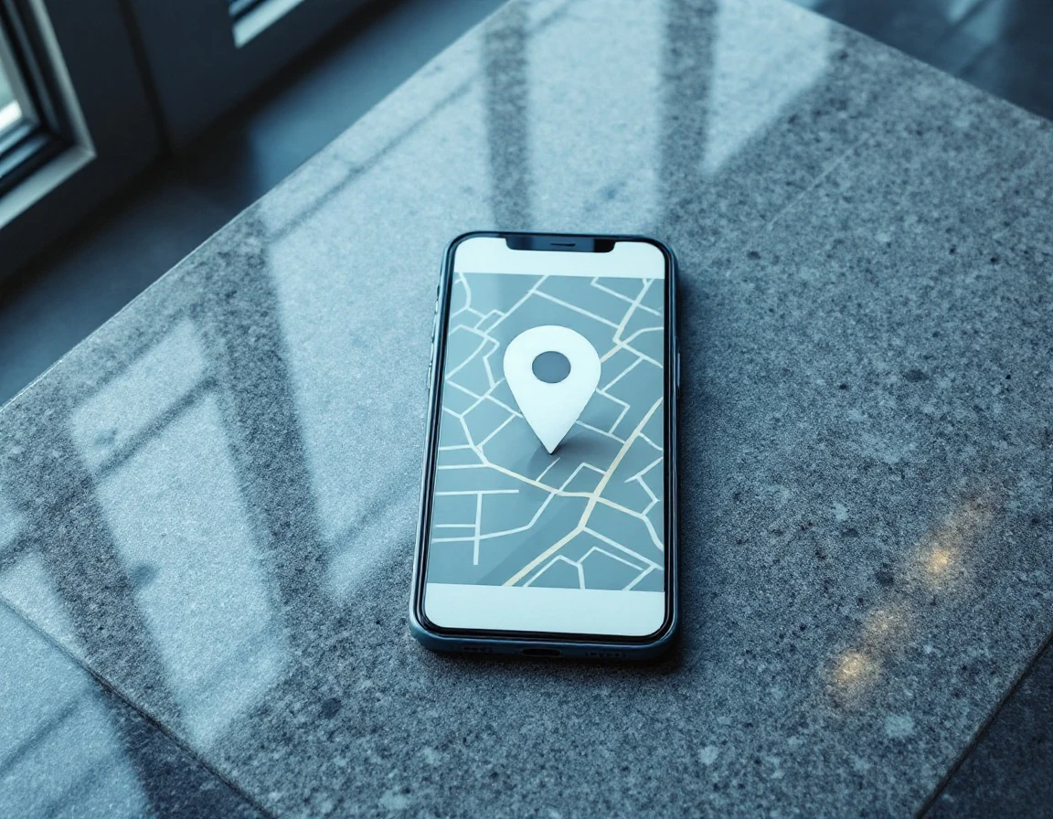Smartphone with location pin marker over office building entrance on concrete surface