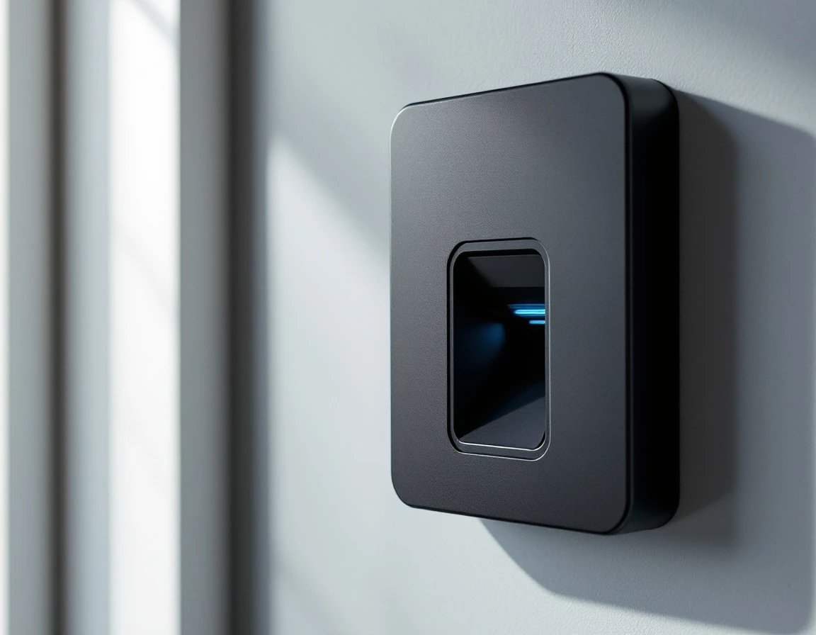 Fingerprint biometric scanner hardware mounted on wall in neutral state without illuminated display