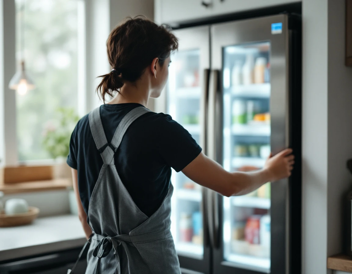 Teen worker opening refrigerator during break, viewed from behind with interior contents softly blurred