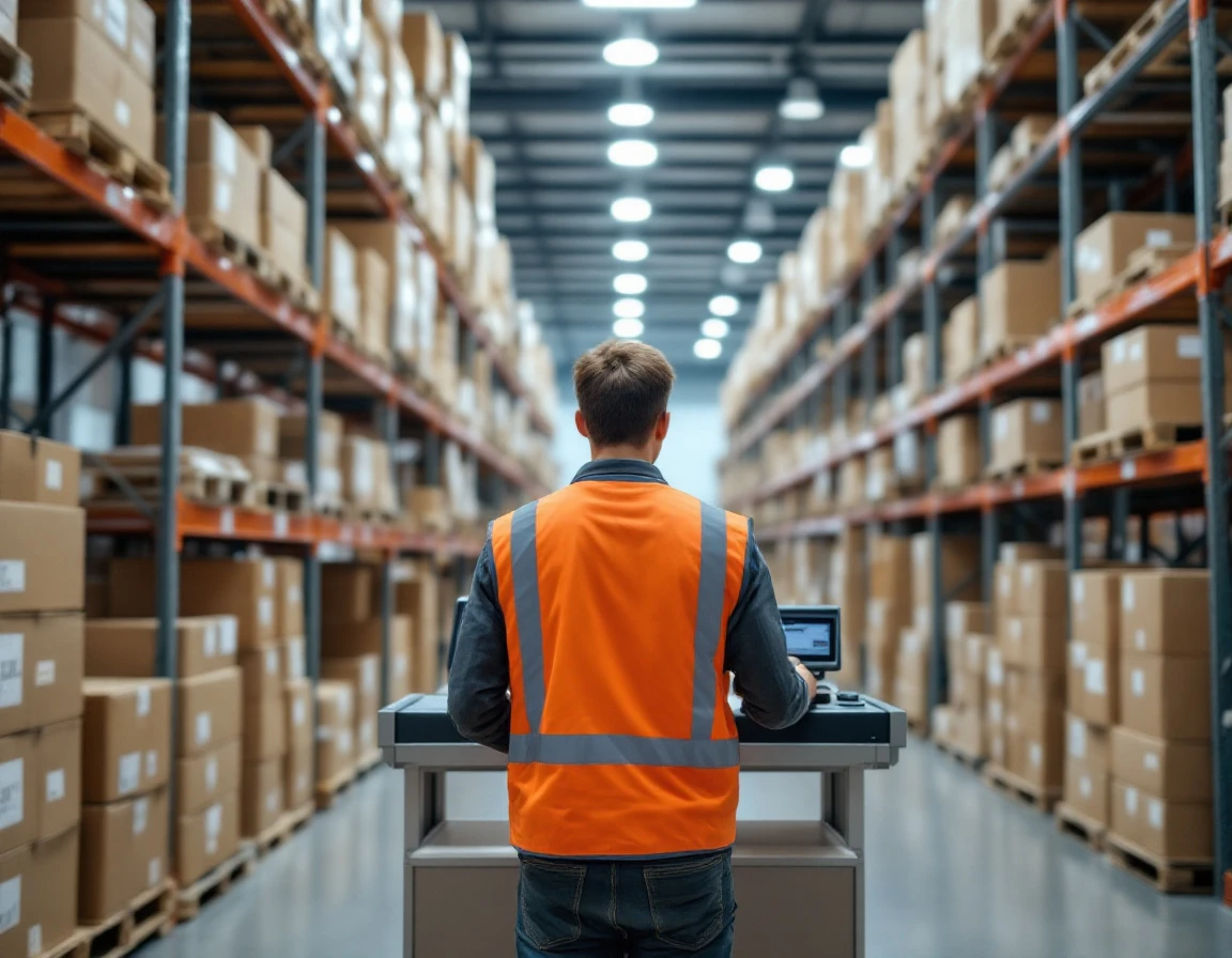 Teen warehouse worker organizing inventory in modern distribution center with safety equipment
