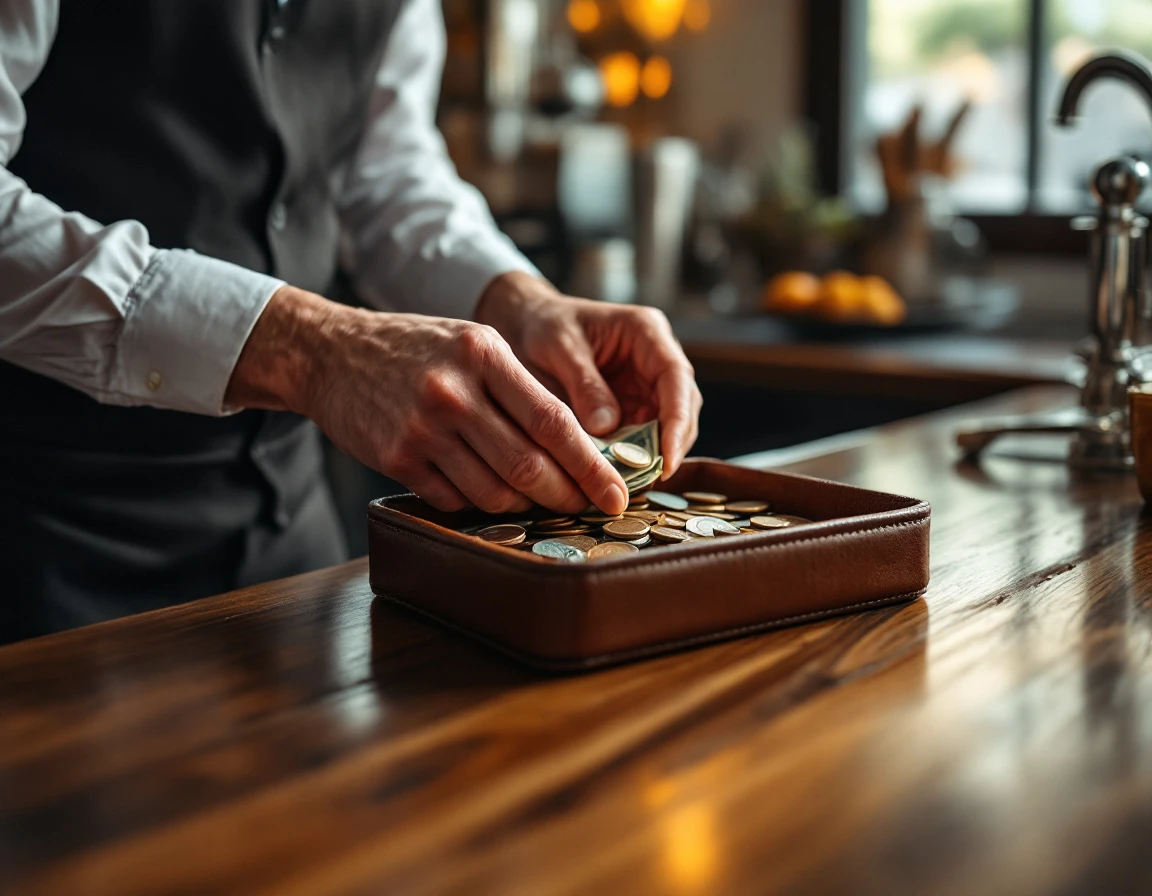 Server's hands counting cash tips on restaurant bar counter with leather tip tray
