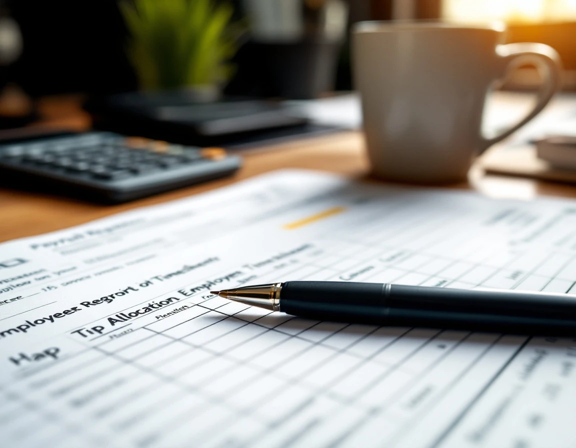 Payroll documents and tip reporting worksheets on restaurant manager's desk during mid-year compliance review