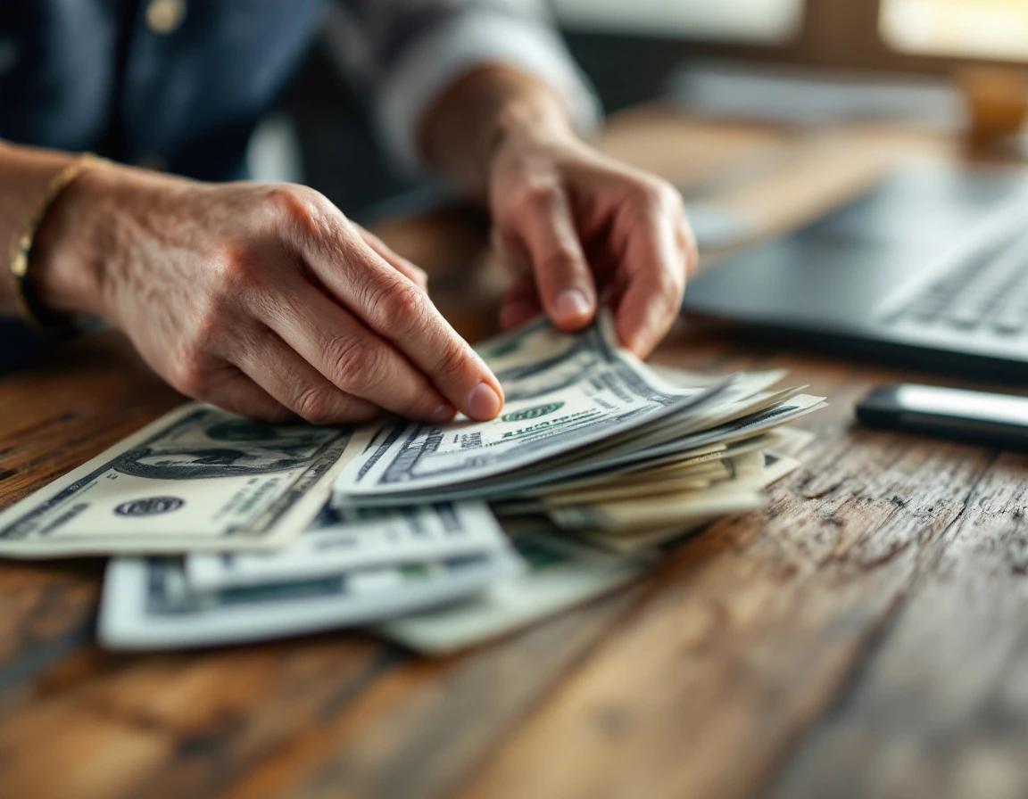 Hands counting cash on wooden table with blurred financial documents in professional payroll setting