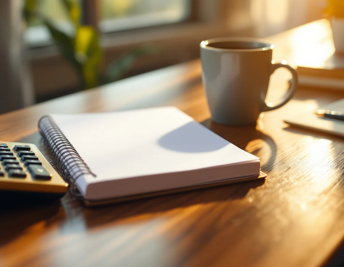 Wooden desk with blank notebook, calculator, and coffee mug for payroll planning session