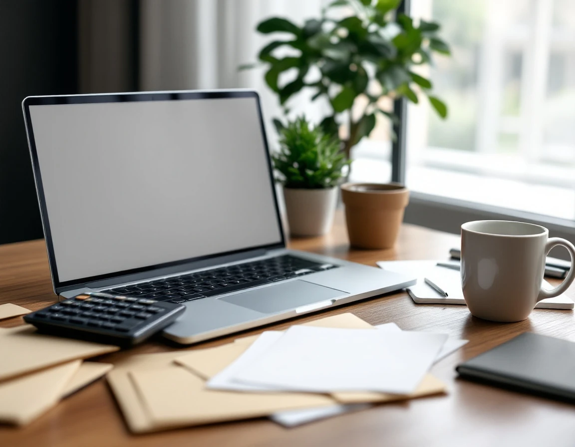 Business workspace with laptop, calculator, and planning materials for financial forecasting