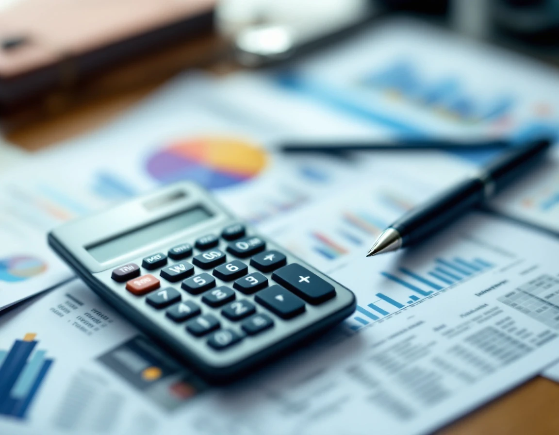 Business calculator and pen on desk with blurred financial documents showing payroll planning tools