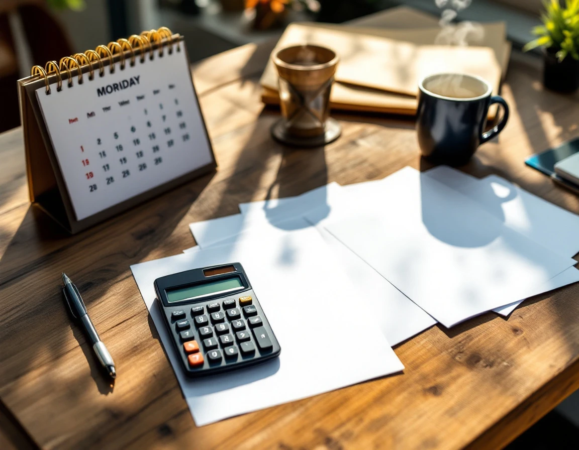 Office desk with calculator, blank papers, and coffee during quarterly tax preparation season