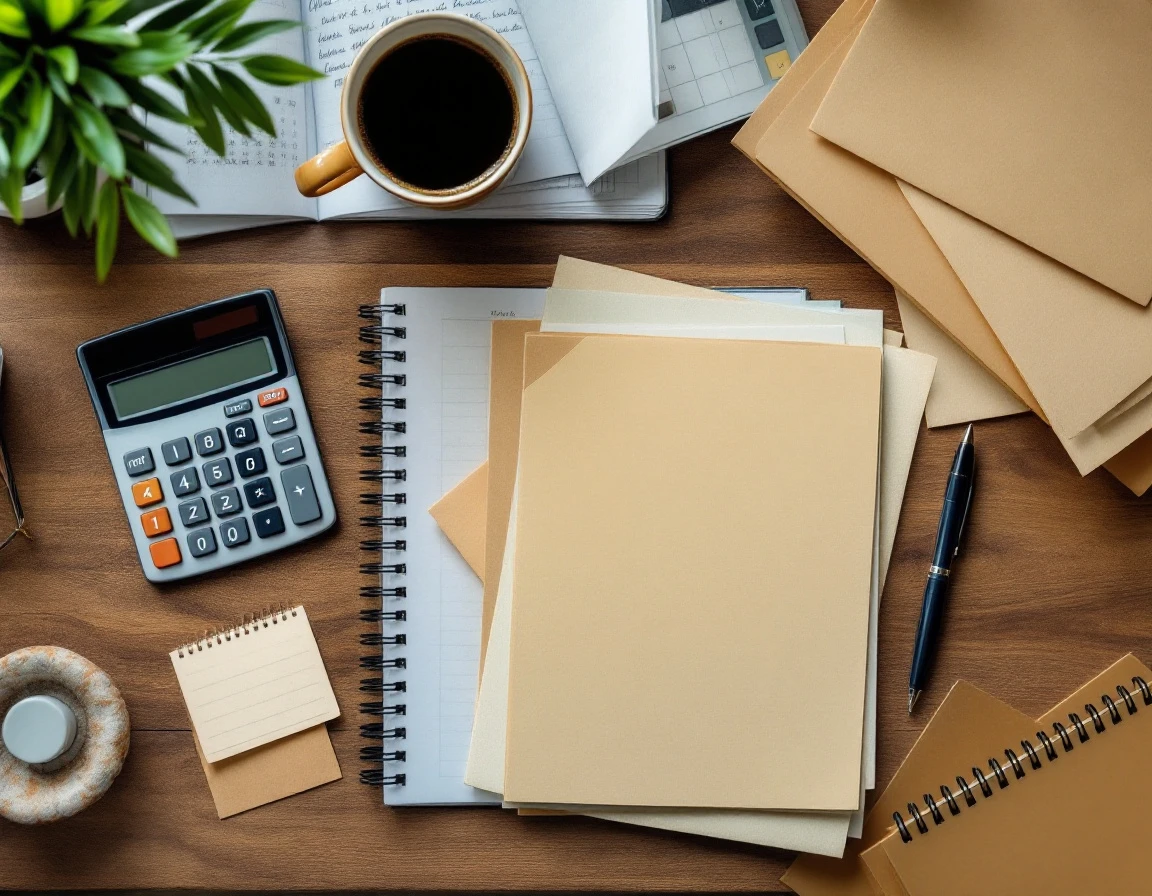 Organized payroll workspace with calculator, coffee, and notebook during summer hiring preparation