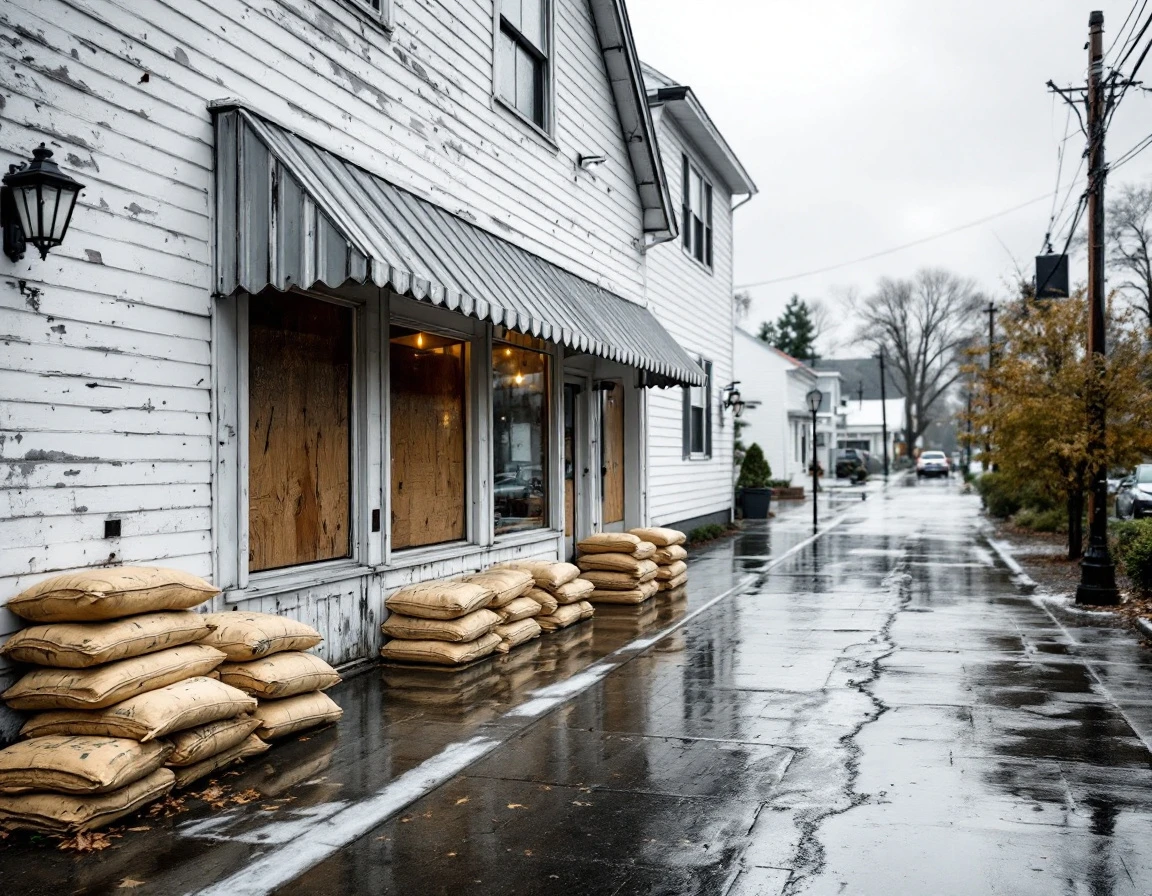 Flood-damaged small business storefront with sandbags and standing water during disaster recovery