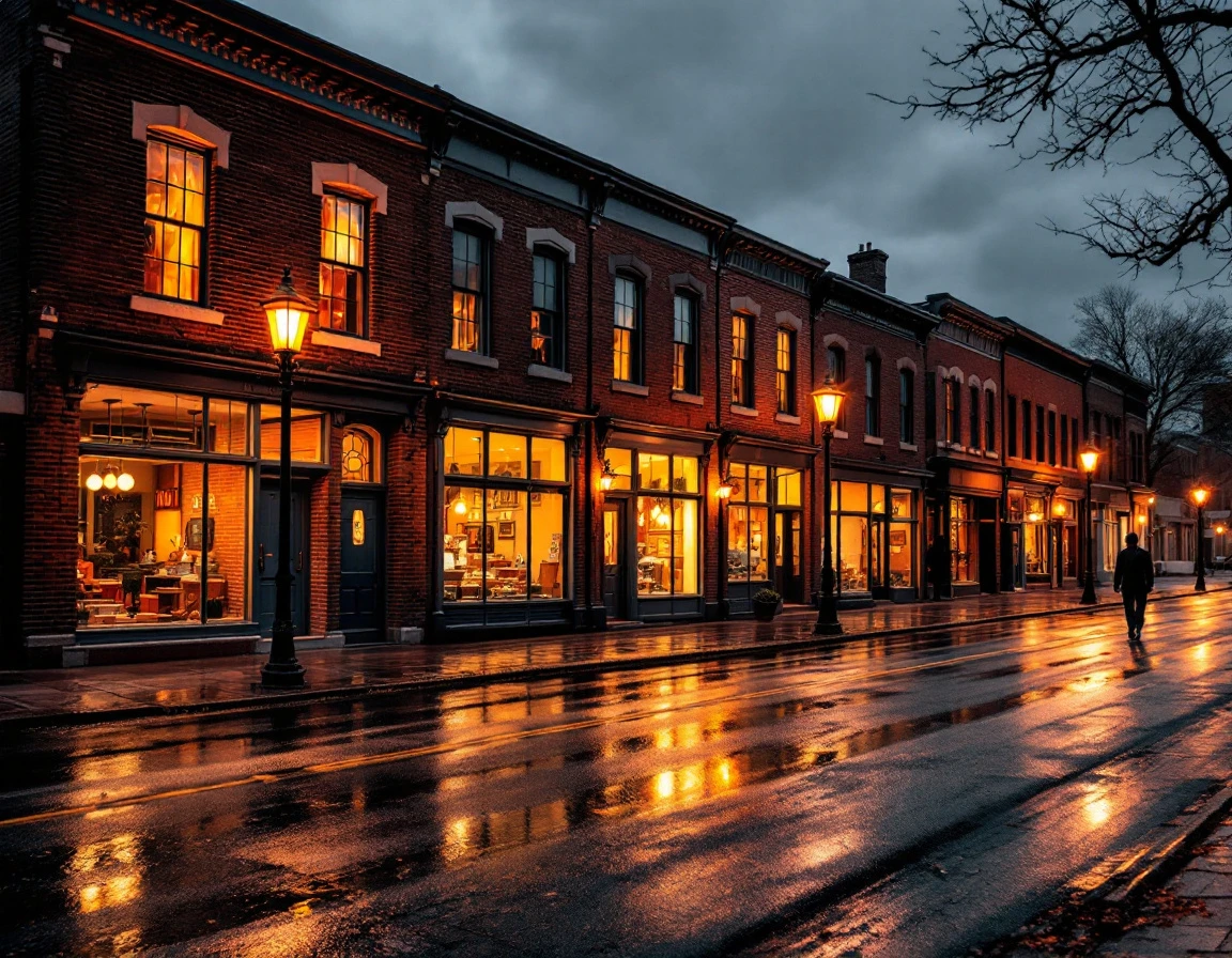 Historic downtown commercial buildings at dusk with wet pavement reflecting warm storefront lighting