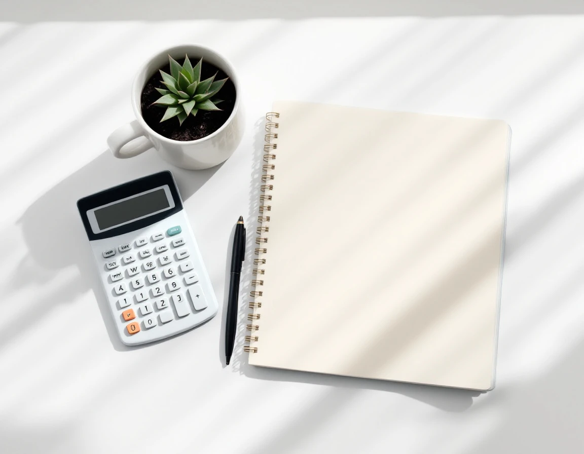 Minimalist office desk with calculator, coffee, notebook, and succulent plant in natural window light