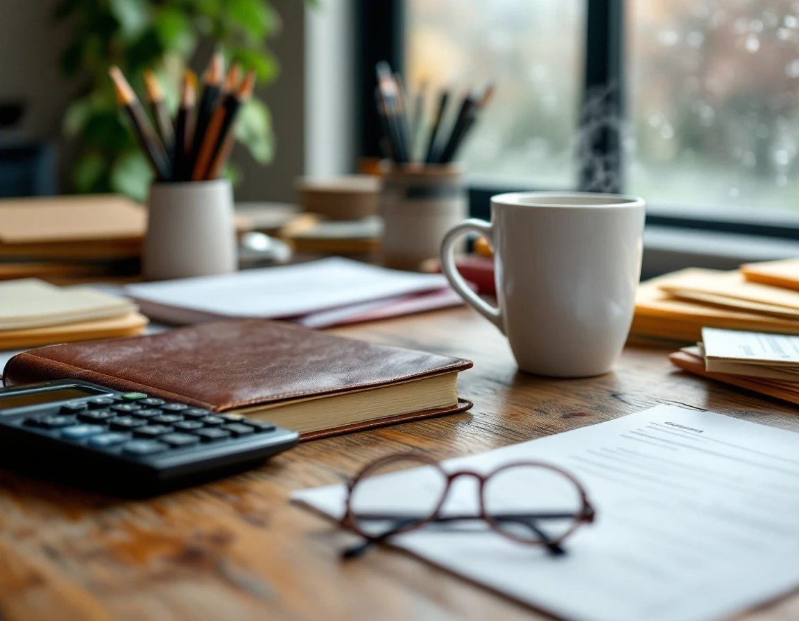 Small business accounting workspace with closed ledger, blank calculator, and coffee mug on oak desk