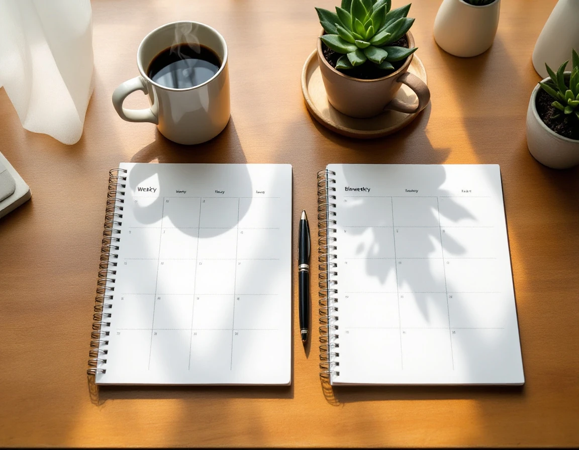 Two blank planners on desk showing weekly and biweekly calendar layouts side by side