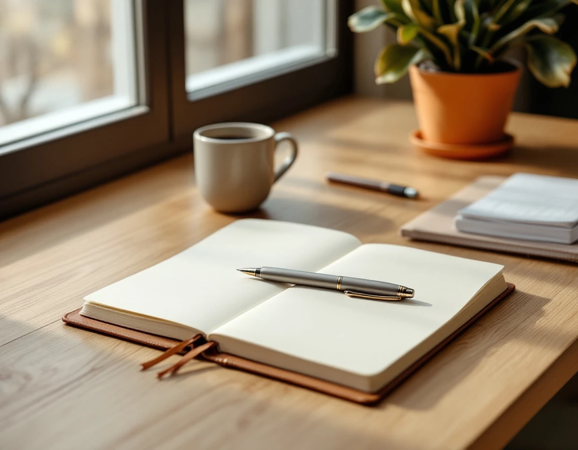 Clean desk workspace with leather journal, pen, and coffee mug in natural morning light