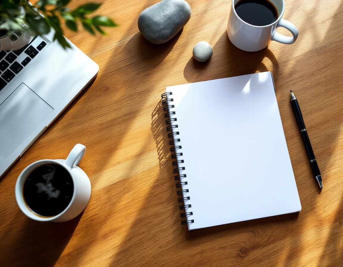 Clean workspace with blank planning notebook and coffee mugs for payroll schedule decisions