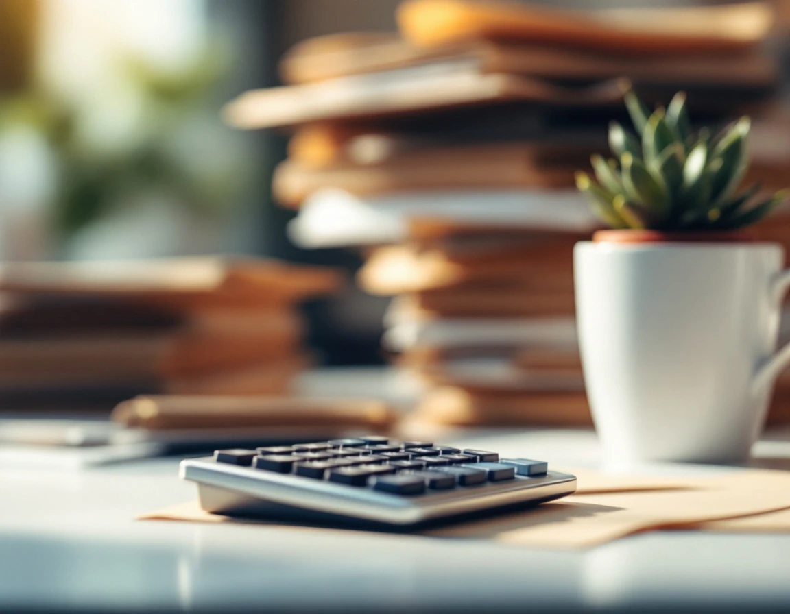 Calculator on clean office desk with blurred files and coffee mug suggesting payroll compliance workspace