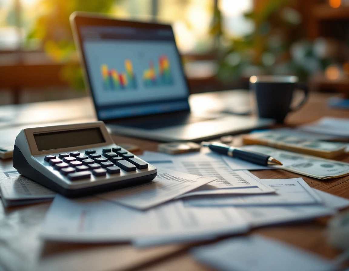 Small business owner's desk with blurred currency and payroll calculation materials during wage compliance review