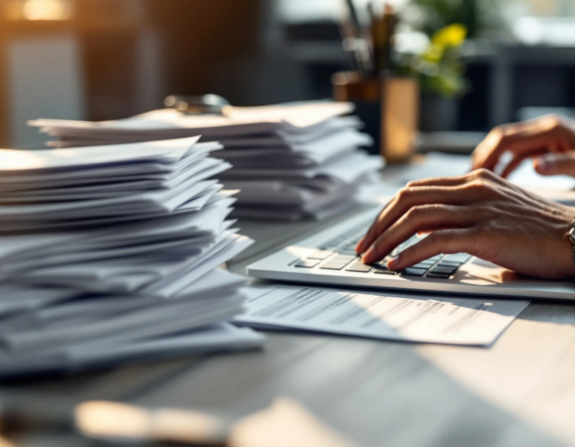 Close-up of hands working at desk with payroll documents and laptop keyboard for wage compliance