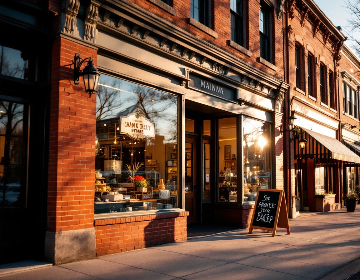Traditional brick storefront on Main Street capturing small business commercial district atmosphere