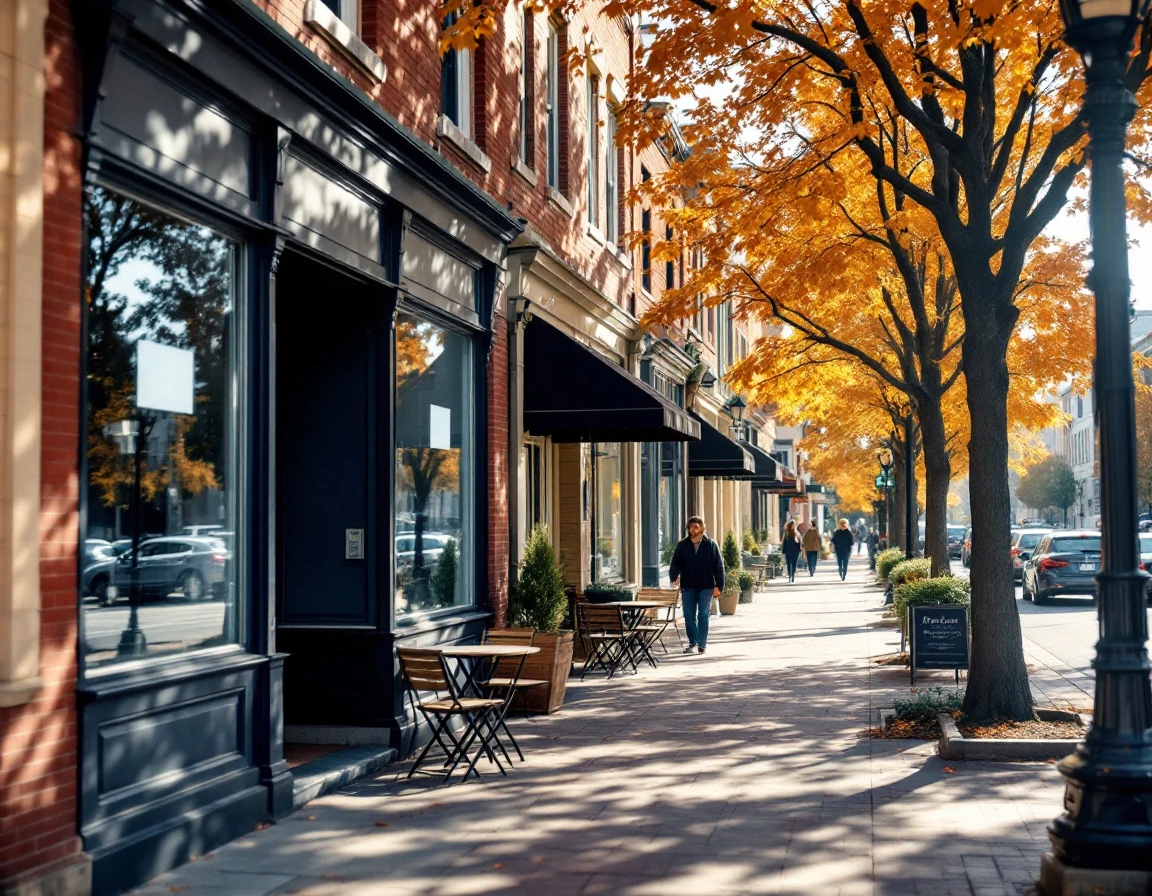 Downtown street with independent storefronts and outdoor seating on an autumn afternoon showing local business activity