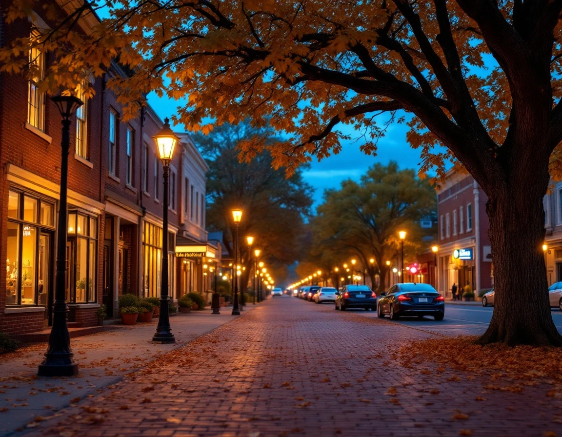 Small business storefronts on autumn evening with warm window lighting and empty sidewalk