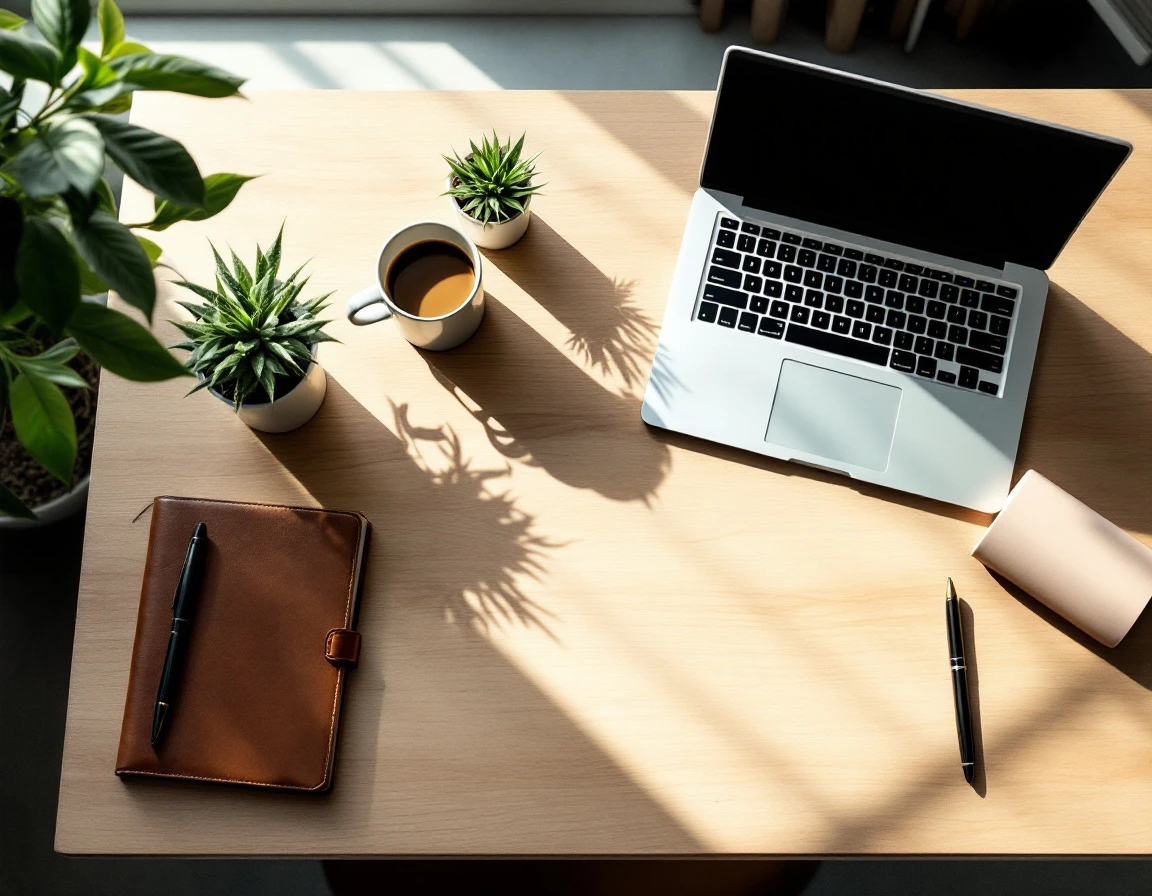Organized workspace with laptop, coffee, and closed notebook showing workflow management transitions
