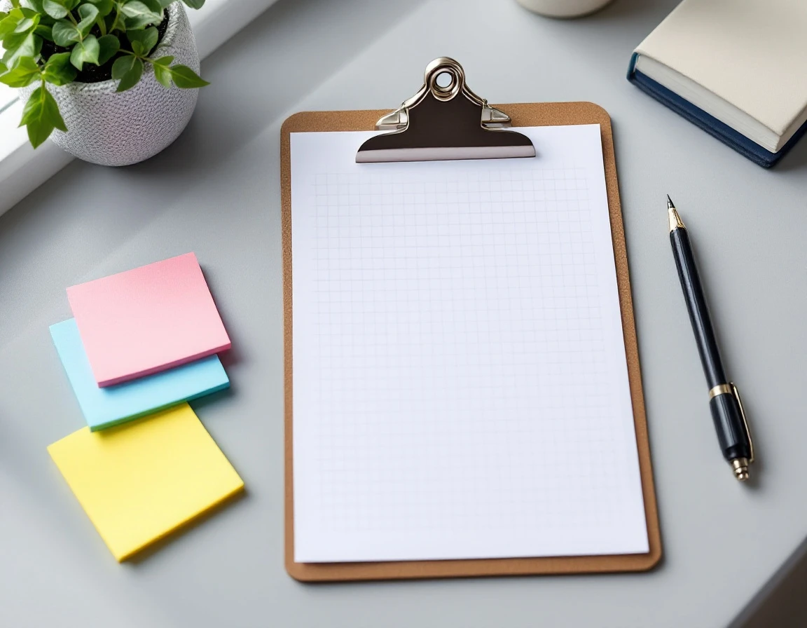 Blank clipboard with gridded paper and colorful sticky notes on a minimalist desk workspace