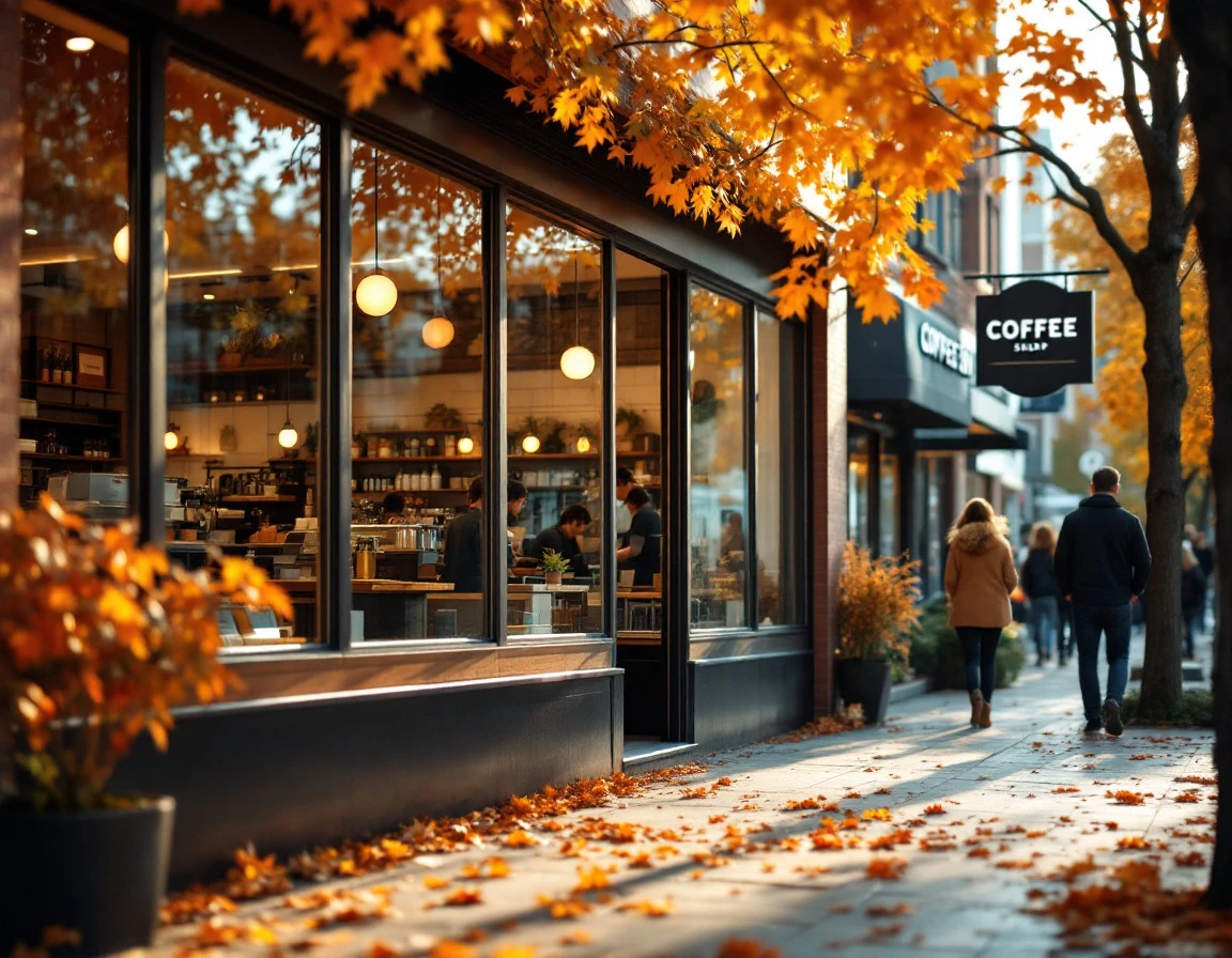 Coffee shop storefront in autumn showing employees preparing workspace for seasonal rush