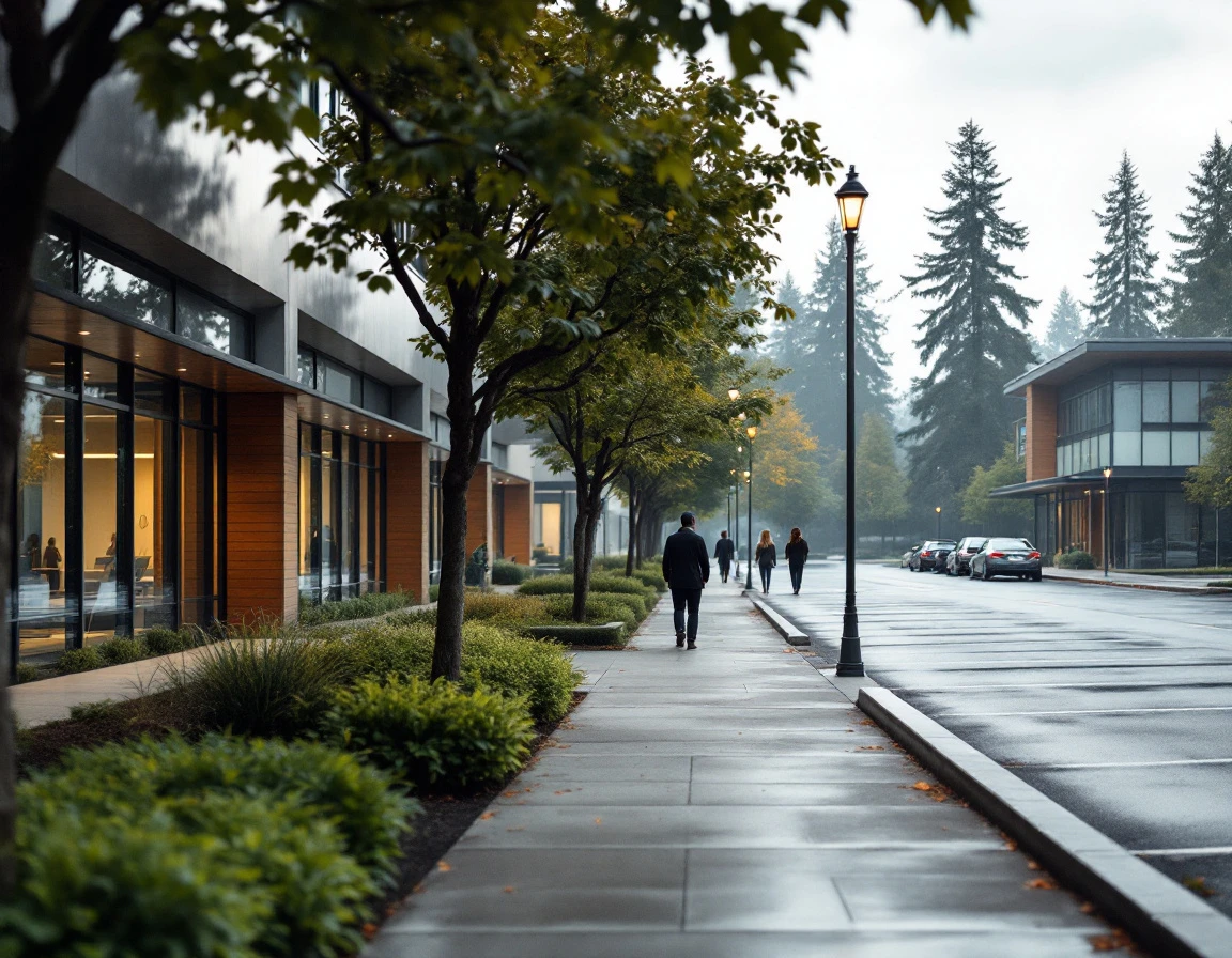 Empty office park at dawn with workers arriving, representing workforce planning and headcount timing