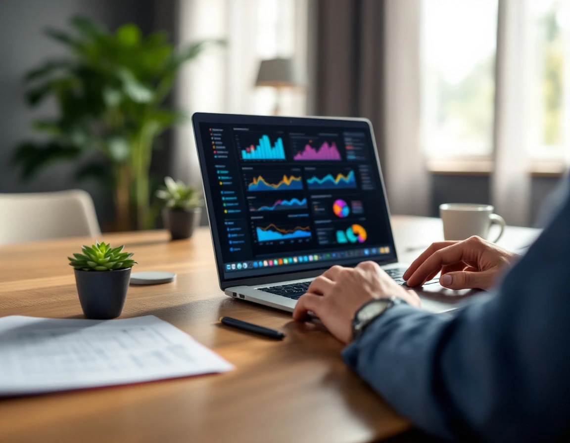 Hiring manager reviewing blurred staffing metrics on laptop in bright office with plants and natural light