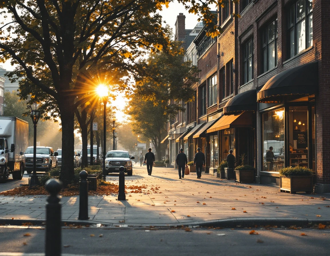 Multi-location retail storefronts on urban street during coordinated early morning preparation