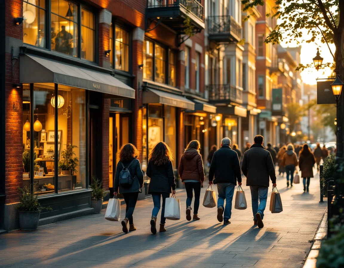 Evening retail street showing pedestrian traffic and multiple storefronts during peak operational hours