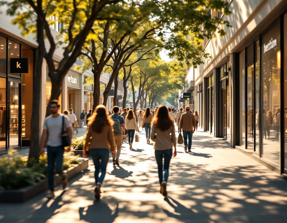 Busy retail street with pedestrians in motion under tree-lined canopy during afternoon shopping hours