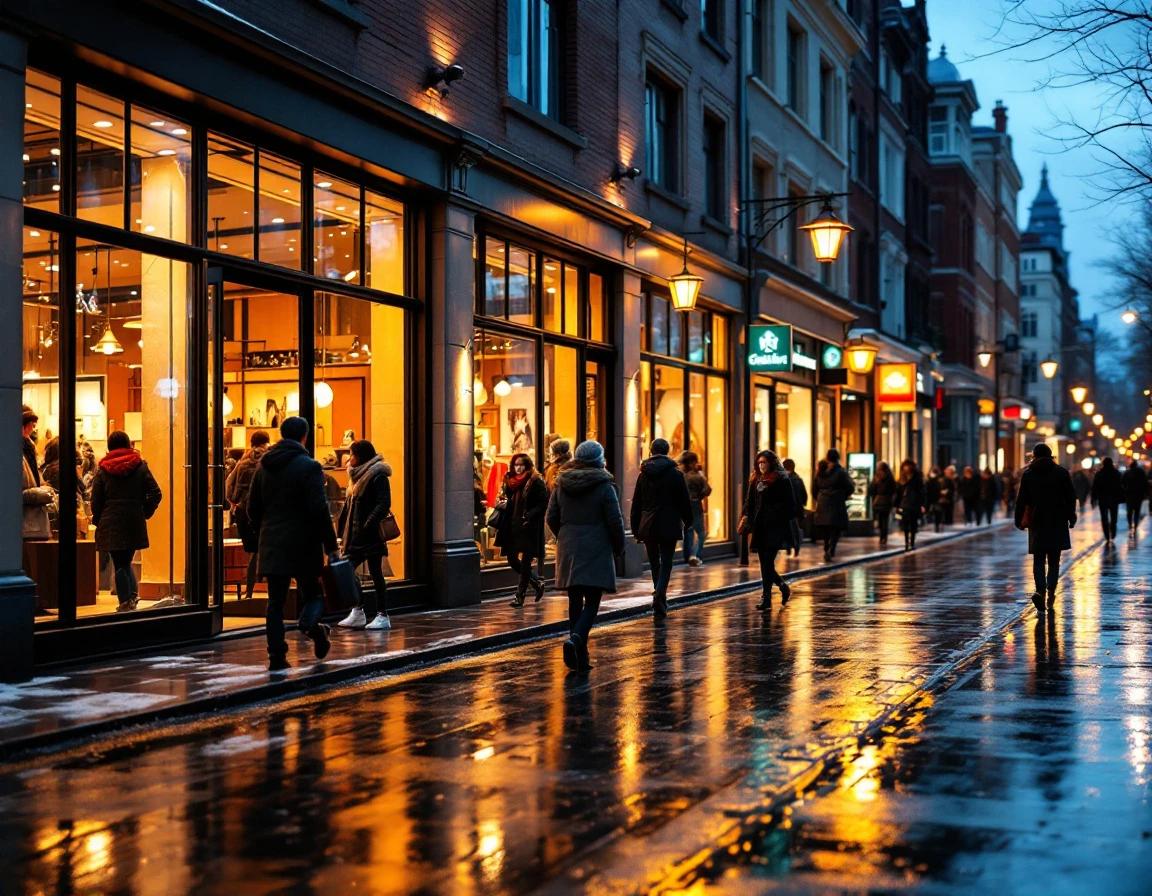 Busy retail shopping street during evening hours with pedestrians and illuminated storefronts
