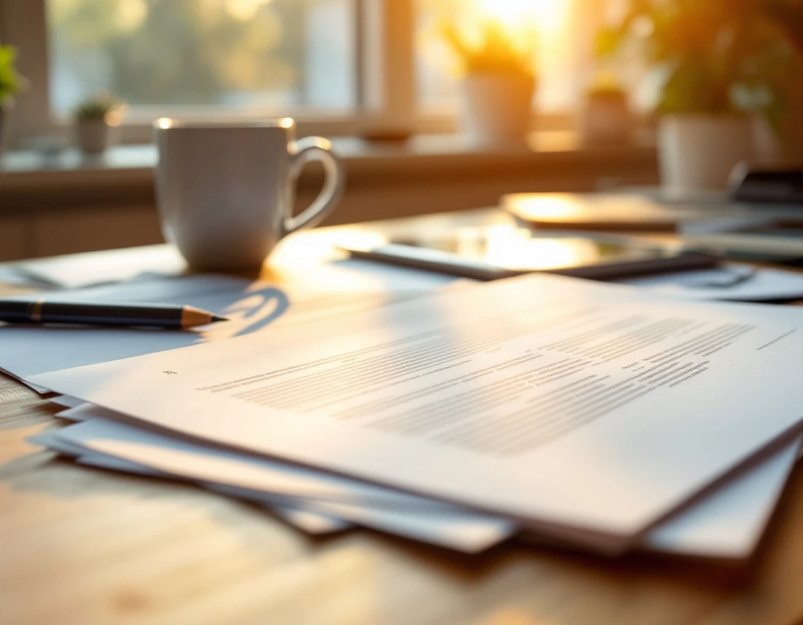 Workspace desk with blank workforce planning papers and coffee mug in warm natural light
