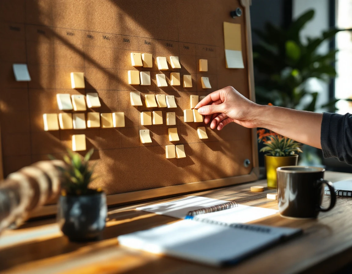 Hands arranging color-coded scheduling blocks on a cork board for retail workforce planning