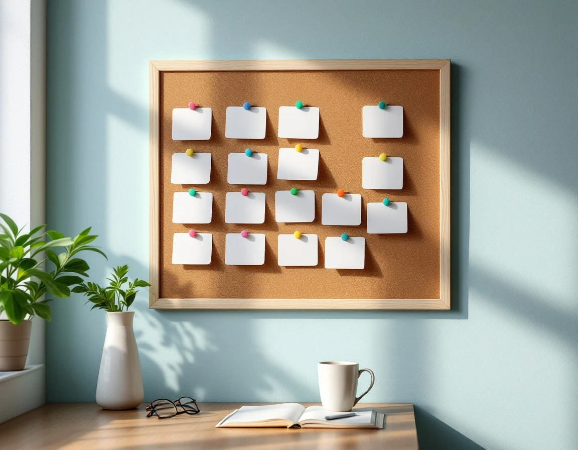 Retail scheduling board with employee availability cards organized on corkboard in manager workspace
