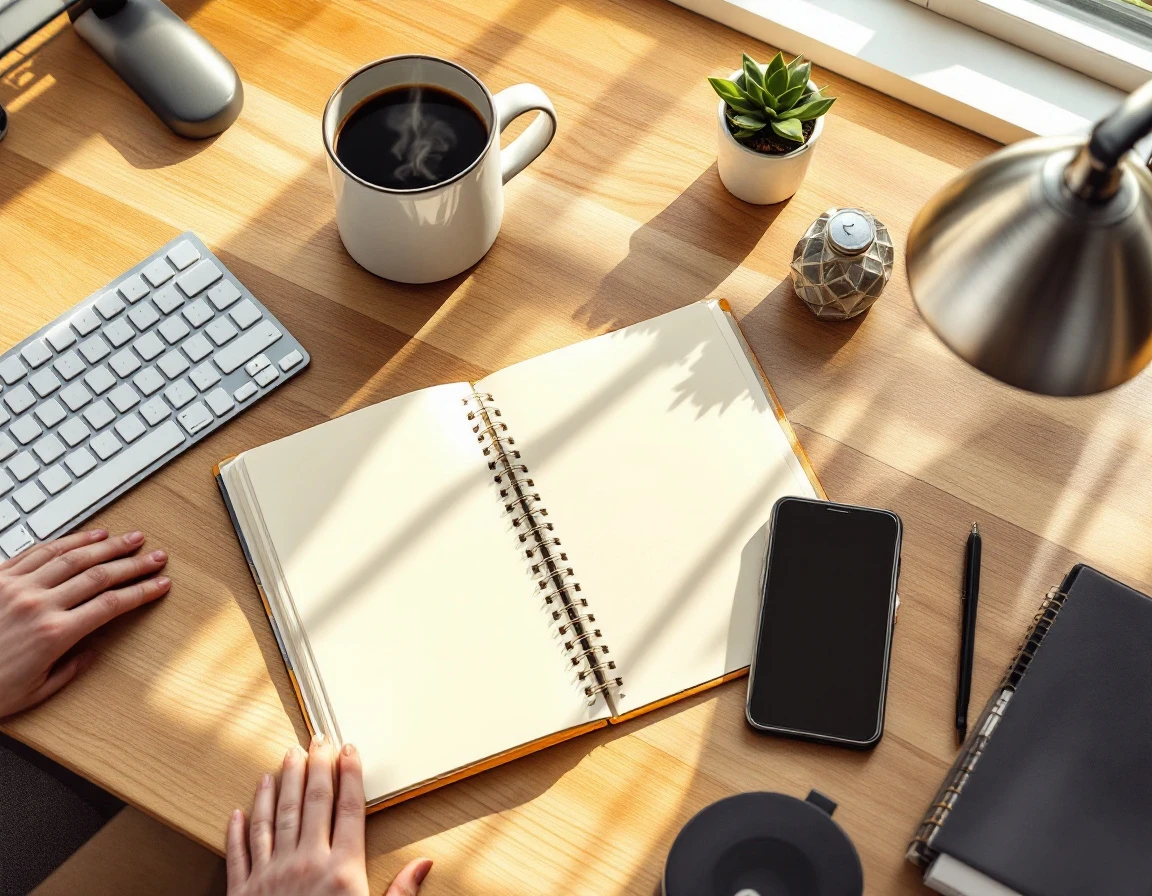 Overhead view of organized desk workspace with blank planner, keyboard, coffee mug, and office supplies