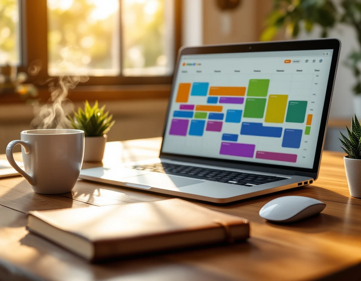 Laptop displaying colorful scheduling interface on wooden desk with coffee and plants in sunlit office
