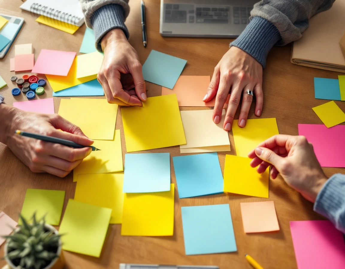 Hands arranging colorful blank planning cards and sticky notes on wooden workspace during collaborative scheduling