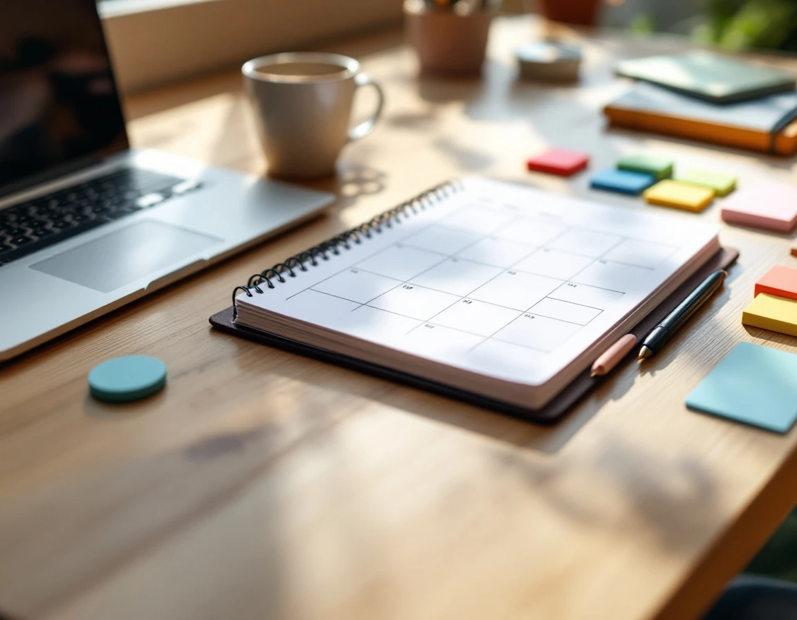 Manager's desk with scheduling notebook and planning materials in natural office lighting